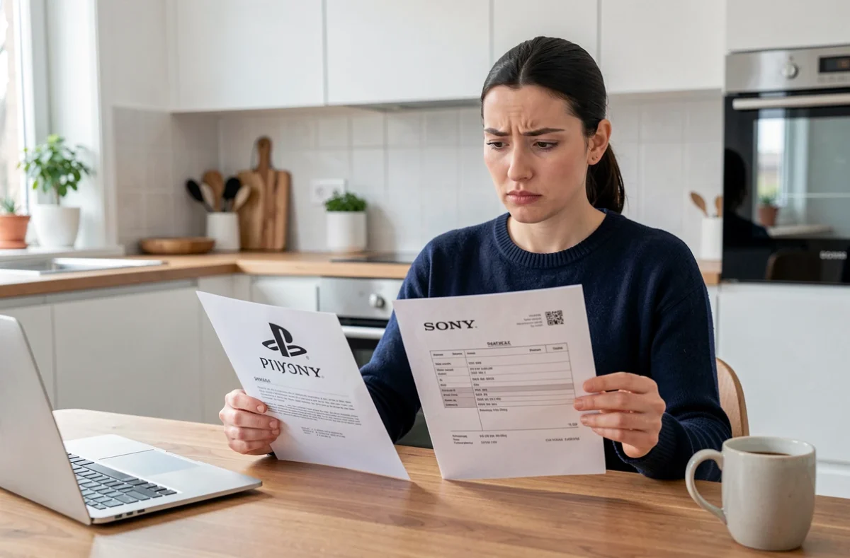 Femme comparant des documents Sony PlayStation officiels et contrefaits pour détecter une arnaque