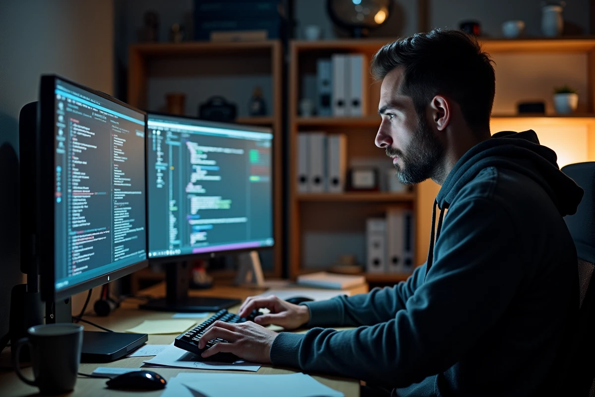 Développeur configurant une licence FiveM sur un poste de travail double écran dans un bureau à domicile