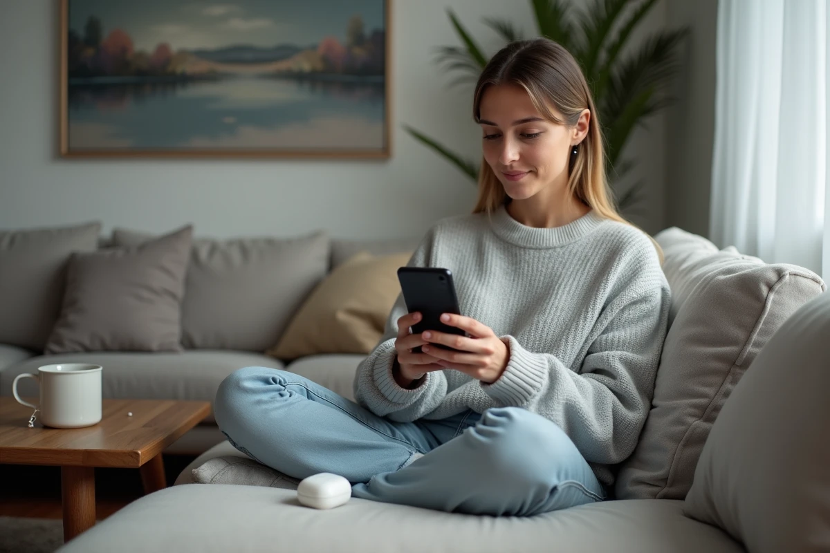 Femme écoutant de la musique convertie depuis YouTube en MP3 sur son smartphone dans un salon confortable