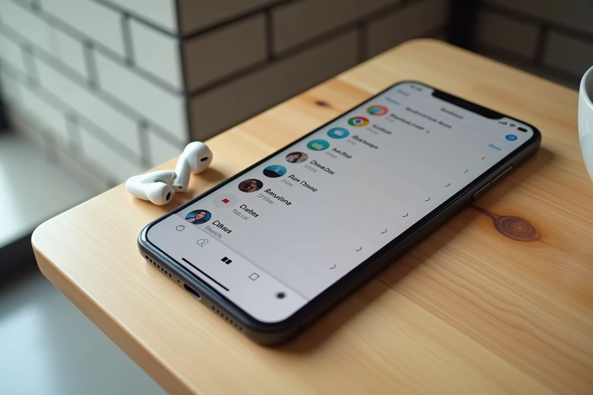 Gros plan sur un iPhone affichant le menu de sélection de sonnerie musicale sur une table en bois
