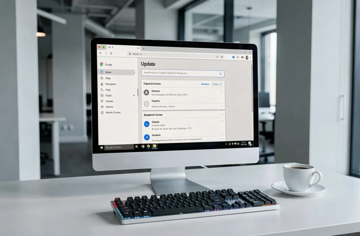 Écran d'ordinateur affichant la page de mise à jour de Google Chrome dans un bureau professionnel