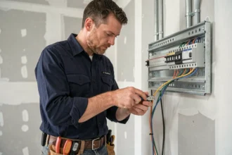 Électricien câblant un connecteur RJ45 sur un panneau de brassage dans une maison neuve en construction