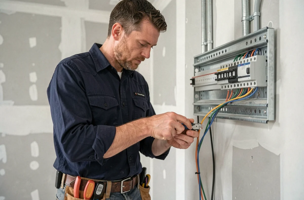 Électricien câblant un connecteur RJ45 sur un panneau de brassage dans une maison neuve en construction