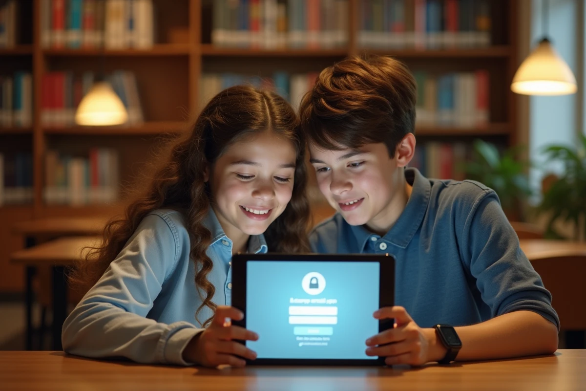 Deux élèves consultant la page de connexion sécurisée de la messagerie académique Mel ac Limoges depuis une tablette en bibliothèque scolaire
