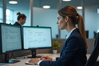 Employée utilisant l'intranet Normandie sur un poste de travail en open space pour accéder aux ressources et supports internes