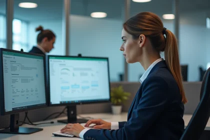 Employée utilisant l'intranet Normandie sur un poste de travail en open space pour accéder aux ressources et supports internes