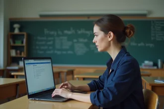 Enseignante vérifiant les paramètres de confidentialité de sa messagerie scolaire Mel ac Limoges sur un ordinateur portable en classe