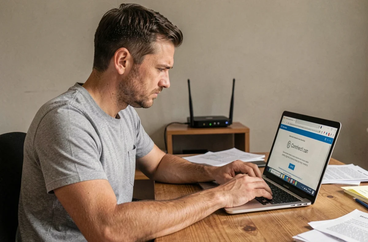 Homme frustré devant un message d'erreur de connexion à l'interface routeur 192.168.1.1 sur son ordinateur portable