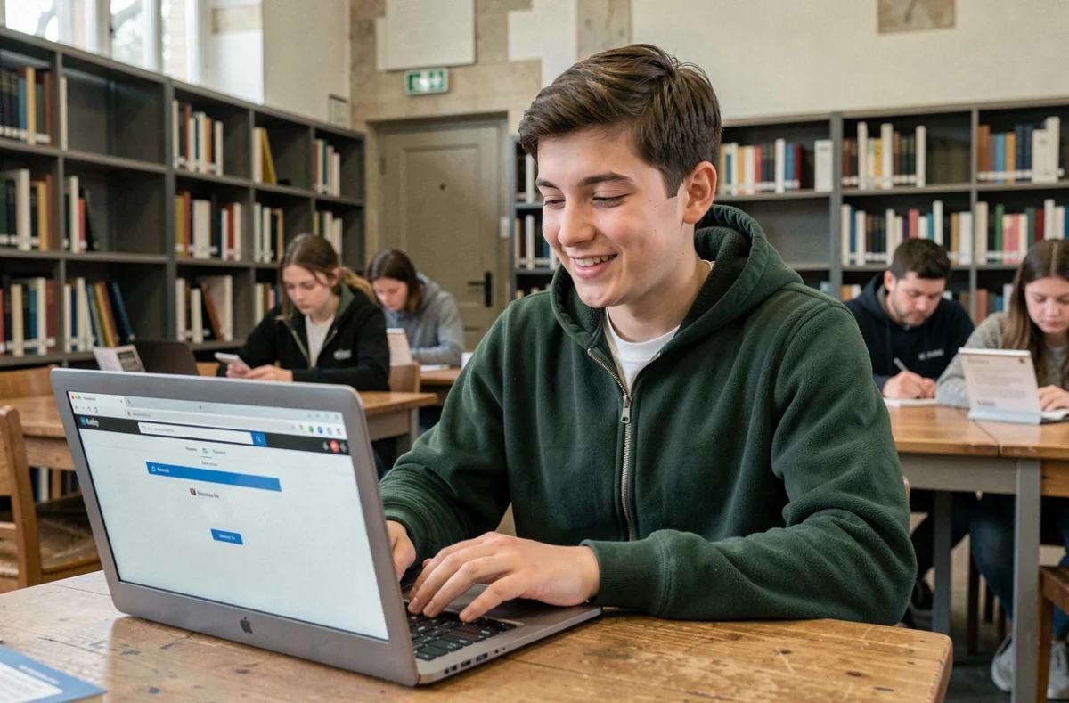 Étudiant souriant après s'être connecté avec succès à son webmail depuis la bibliothèque universitaire