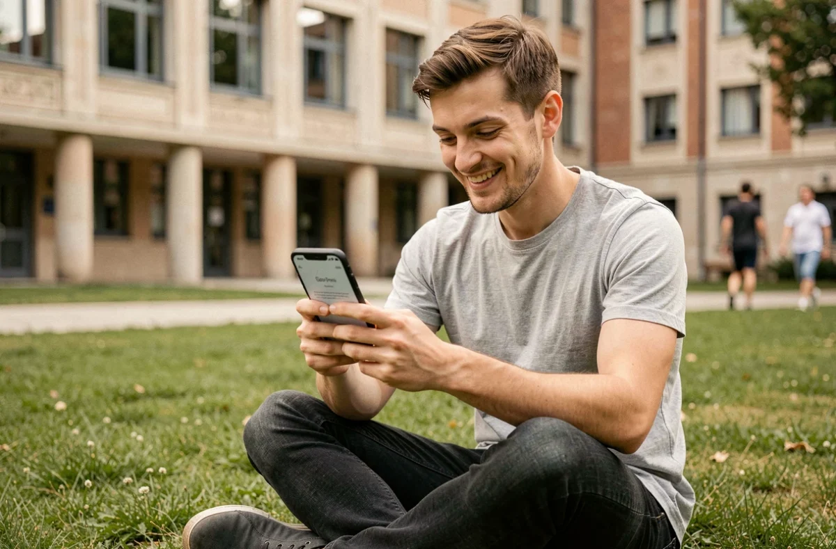 Étudiant consultant sa boîte mail académique Lille sur smartphone en extérieur sur le campus universitaire