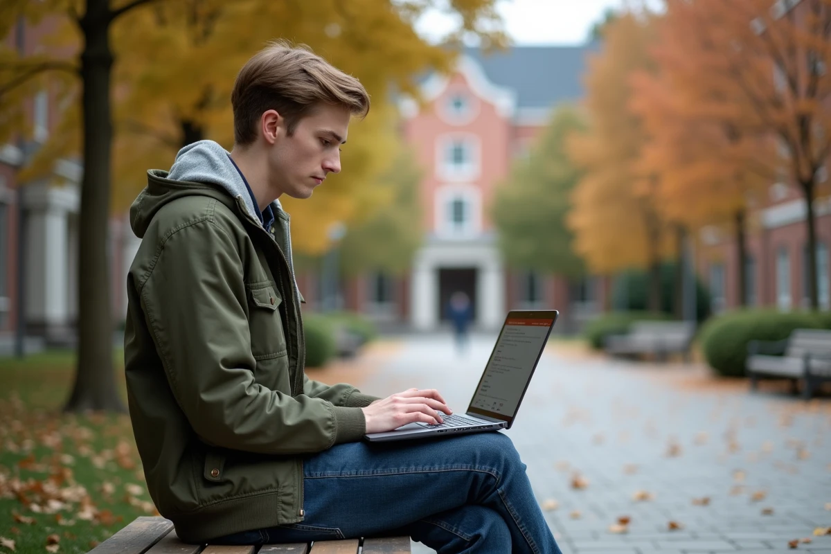 Étudiant consultant et organisant sa boîte mail Grenoble INP en extérieur sur le campus en automne
