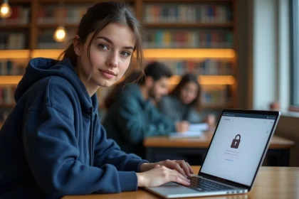 Étudiante universitaire sécurisant sa messagerie Zimbra sur un ordinateur portable dans une bibliothèque universitaire moderne