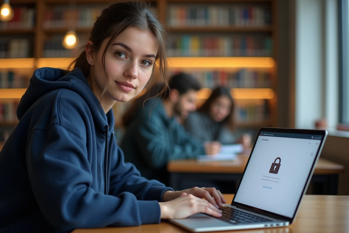 Étudiante universitaire sécurisant sa messagerie Zimbra sur un ordinateur portable dans une bibliothèque universitaire moderne