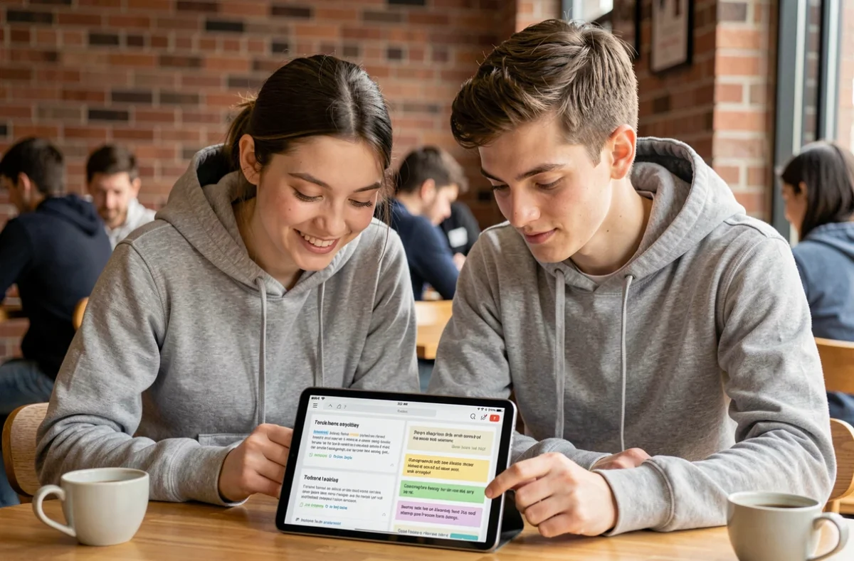 Deux étudiants découvrant ensemble des fonctionnalités cachées de Google Traduction sur une tablette dans un café