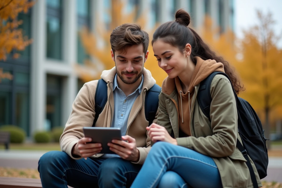 Deux étudiants consultant les paramètres de sécurité de la messagerie universitaire Zimbra sur une tablette en extérieur sur le campus