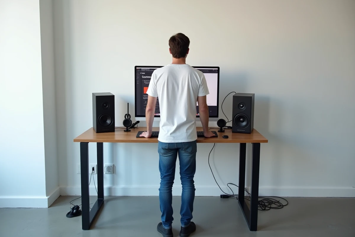 Homme utilisant un convertisseur en ligne pour extraire l'audio YouTube en fichier MP3 haute qualité sur un double écran dans un studio minimaliste