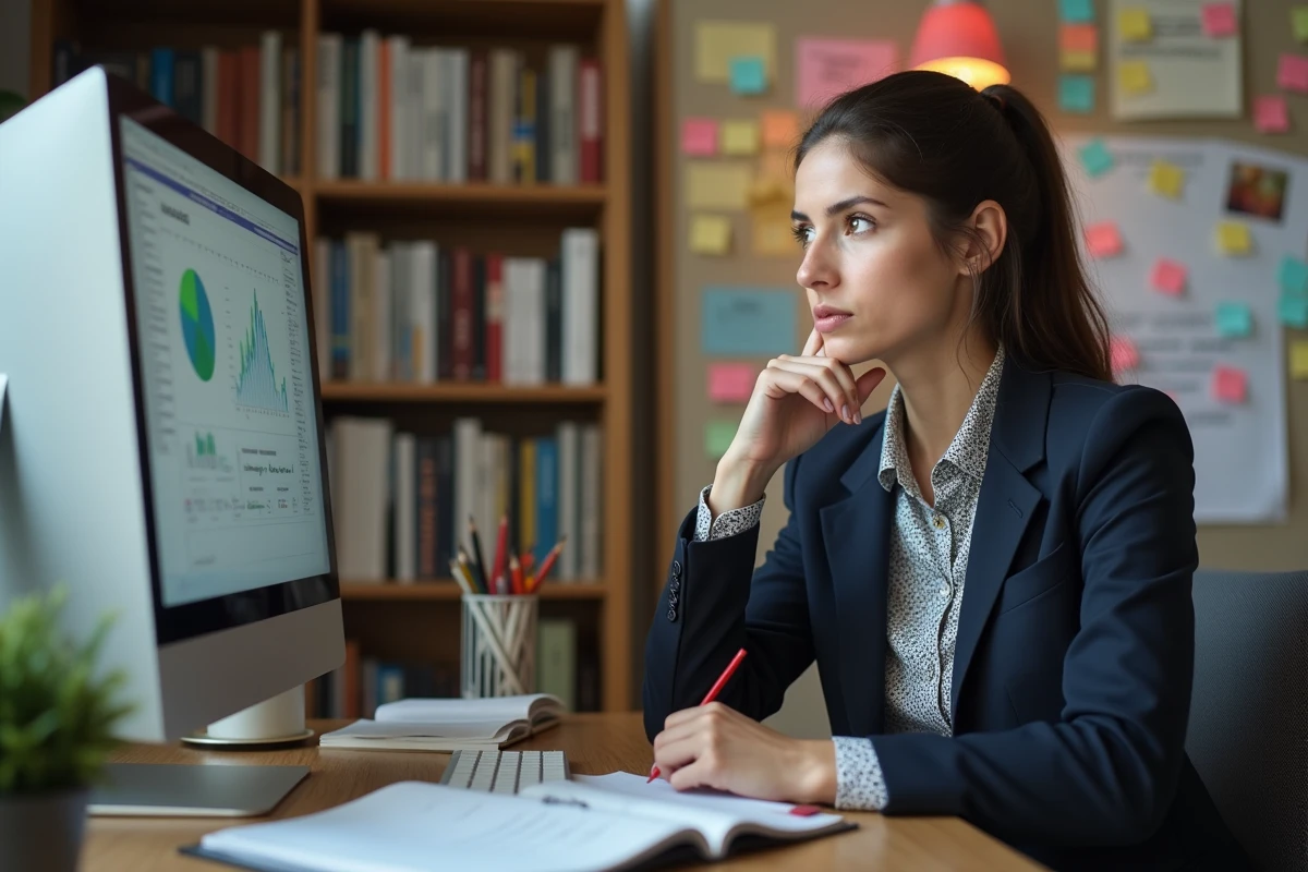 Jeune femme analysant des graphiques dans un bureau à domicile
