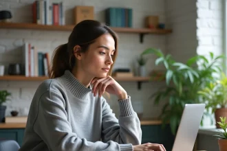 Femme consultant un blog technologique sur son ordinateur portable dans un bureau minimaliste à la maison