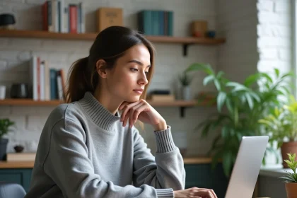 Femme consultant un blog technologique sur son ordinateur portable dans un bureau minimaliste à la maison