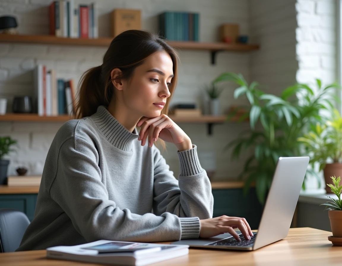 Femme consultant un blog technologique sur son ordinateur portable dans un bureau minimaliste à la maison