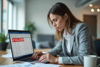 Femme de bureau regardant une erreur #VALEUR! dans une formule de soustraction Excel sur son ordinateur portable