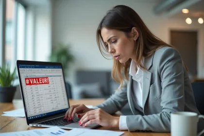 Femme de bureau regardant une erreur #VALEUR! dans une formule de soustraction Excel sur son ordinateur portable