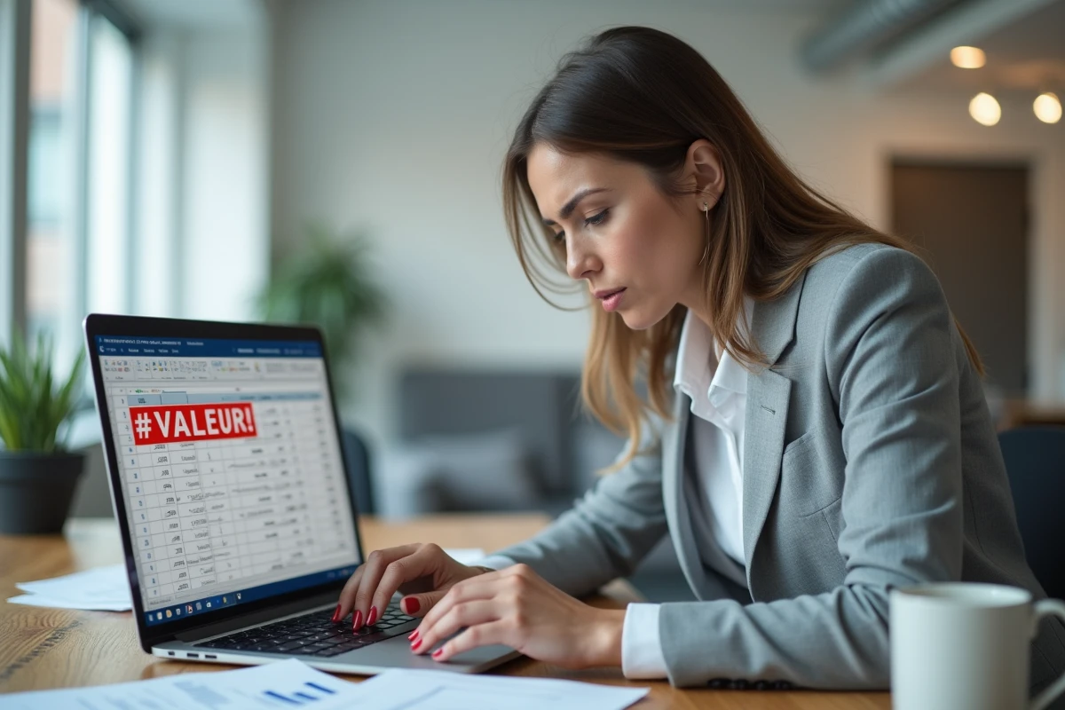 Femme de bureau regardant une erreur #VALEUR! dans une formule de soustraction Excel sur son ordinateur portable