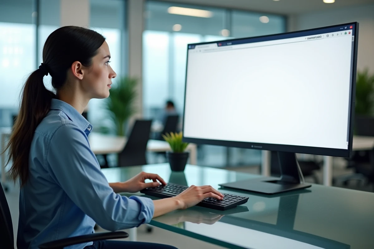 Femme en bureau moderne fixant une page blanche about:blank sur son écran d'ordinateur