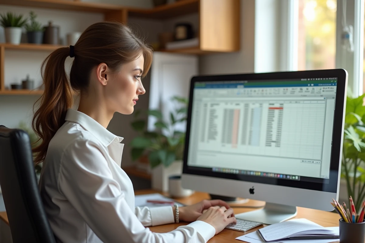 Jeune femme saisissant des données dans Excel dans un bureau lumineux
