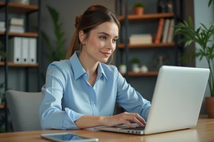 Femme concentrée travaillant sur un ordinateur dans un bureau moderne