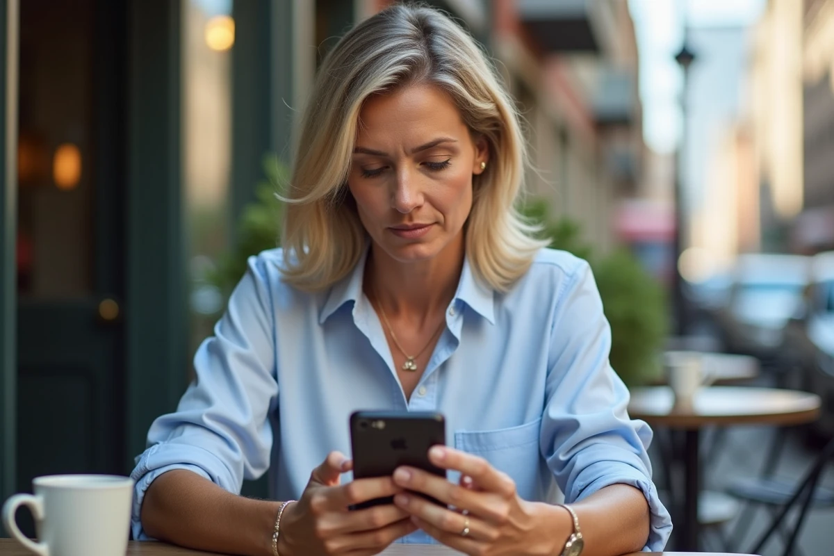 Femme au café lisant headlines sur smartphone