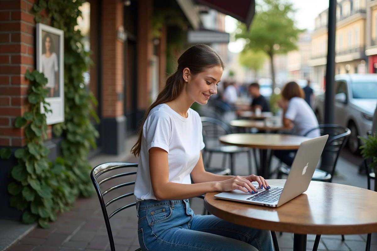 Jeune femme utilisant un ordinateur portable dans un café extérieur
