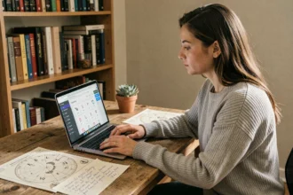 Femme consultant un calculateur de signes astrologiques sur ordinateur portable dans un bureau à domicile entouré de cartes du zodiaque
