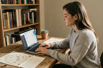 Femme consultant un calculateur de signes astrologiques sur ordinateur portable dans un bureau à domicile entouré de cartes du zodiaque