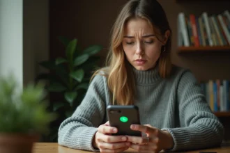 Femme inquiète regardant le cercle bleu WhatsApp sur son smartphone dans un bureau à domicile