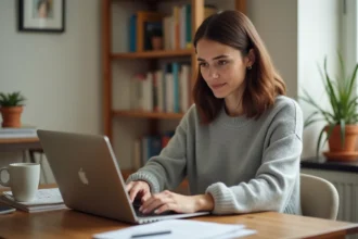 Femme tapant au clavier d'un ordinateur portable pour saisir des caractères accentués en français