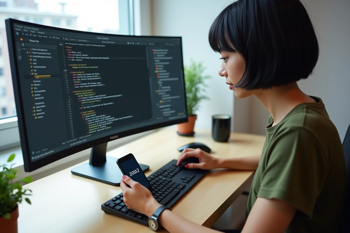 Jeune femme consultant une clé de licence FiveM sur son smartphone pour modifier le fichier de configuration serveur