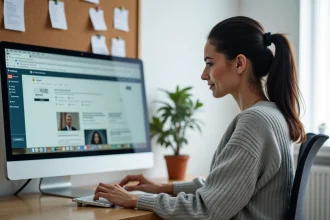 Femme comparant différents navigateurs web sur un grand écran dans un bureau moderne