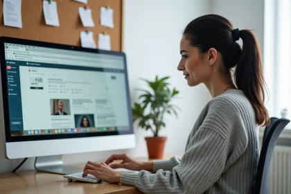 Femme comparant différents navigateurs web sur un grand écran dans un bureau moderne