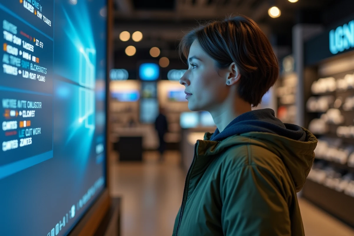 Femme examinant une interface de compatibilité ascendante Xbox sur un écran en magasin de jeux vidéo