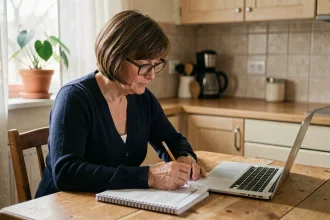 Femme adulte apprenant l'informatique débutant avec un tutoriel PDF imprimé à côté d'un ordinateur portable dans une cuisine chaleureuse