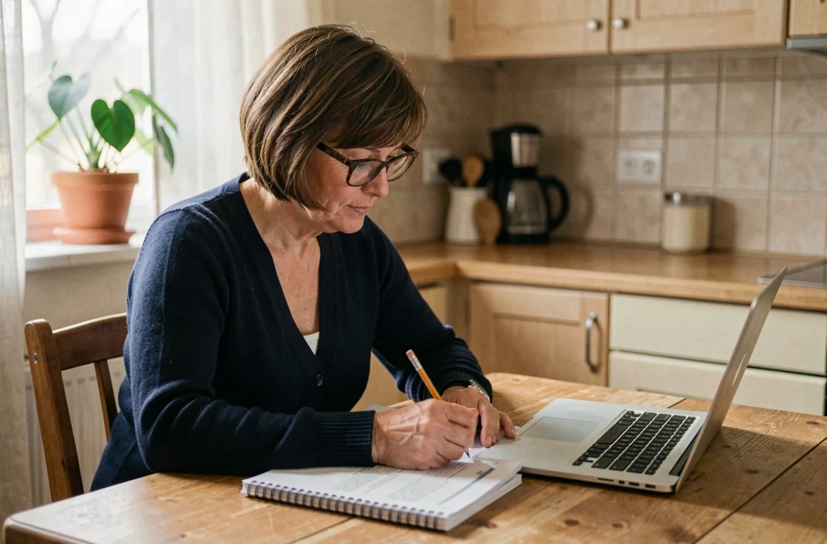 Femme adulte apprenant l'informatique débutant avec un tutoriel PDF imprimé à côté d'un ordinateur portable dans une cuisine chaleureuse
