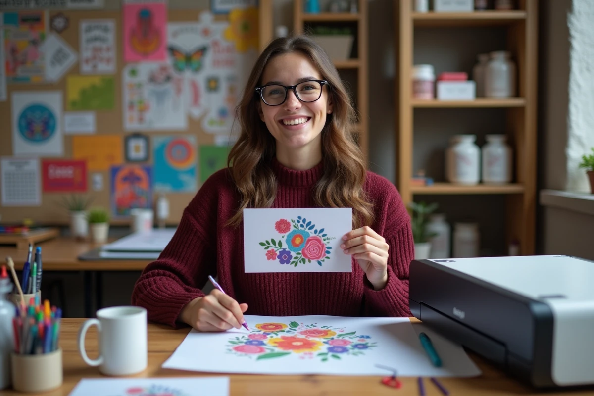 Jeune femme montrant une impression sublimation dans son atelier créatif