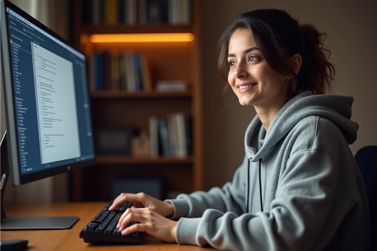 Jeune femme tapant sur un clavier mécanique avec une interface Discord affichant du texte en italique visible à l'écran
