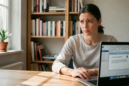 Femme frustrée face à une erreur de pièce jointe dans un client de messagerie web sur son ordinateur portable