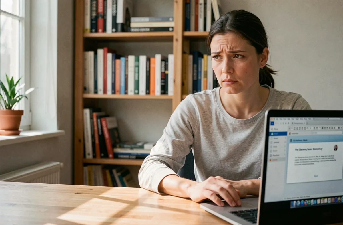 Femme frustrée face à une erreur de pièce jointe dans un client de messagerie web sur son ordinateur portable