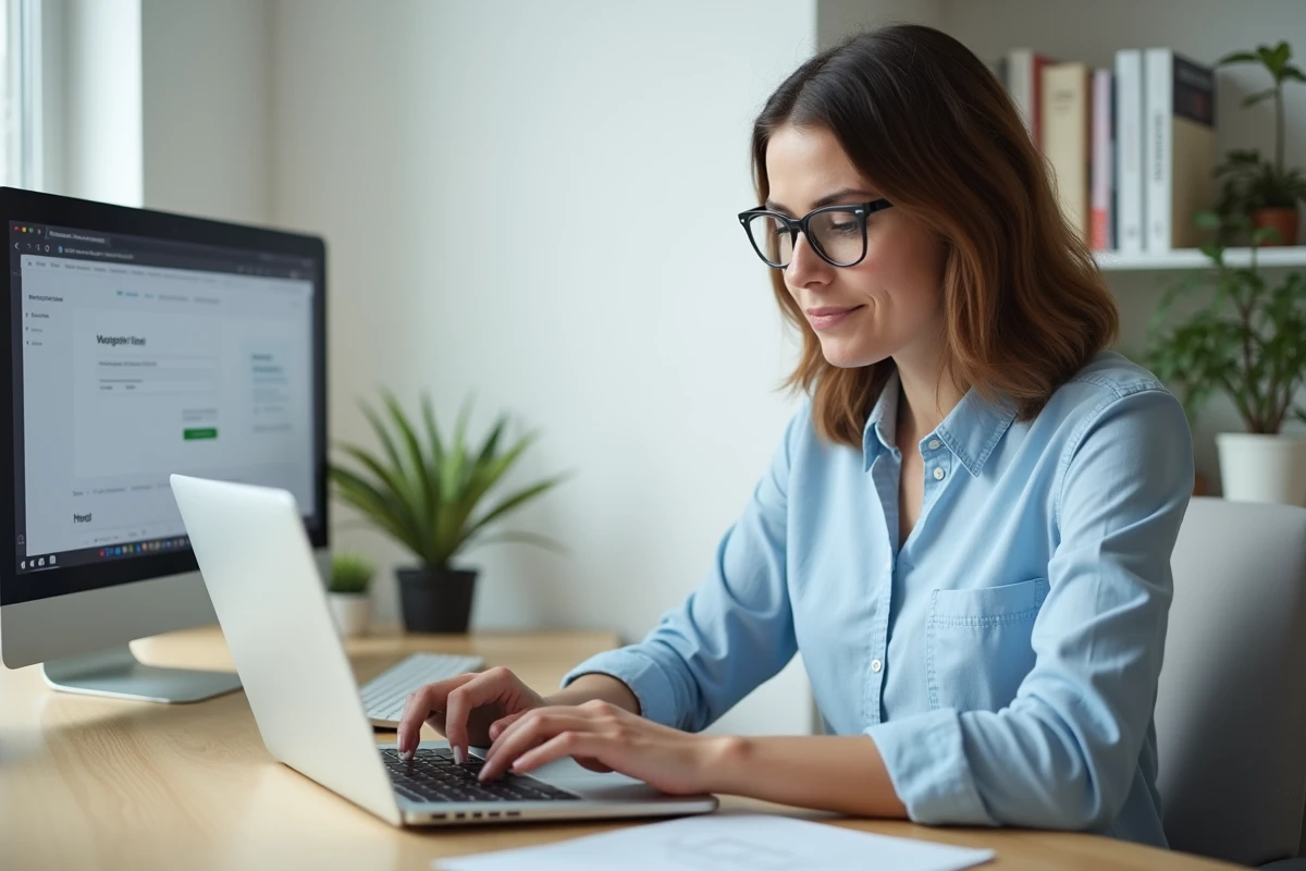 Femme remplissant un formulaire en ligne sur un navigateur web depuis son bureau à domicile