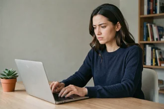 Femme utilisant un ordinateur portable pour créer une adresse Gmail jetable sécurisée à son bureau à domicile