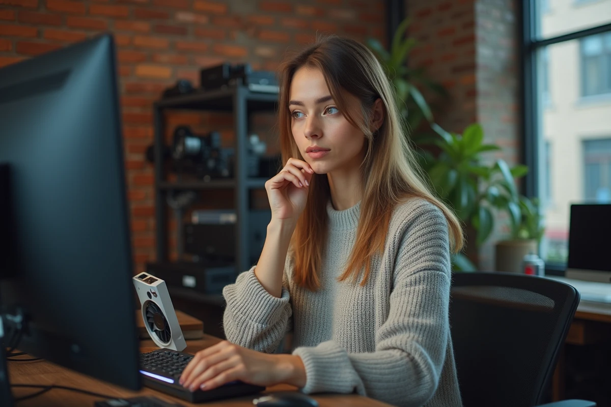 Femme examinant un GPU dans un studio créatif industriel