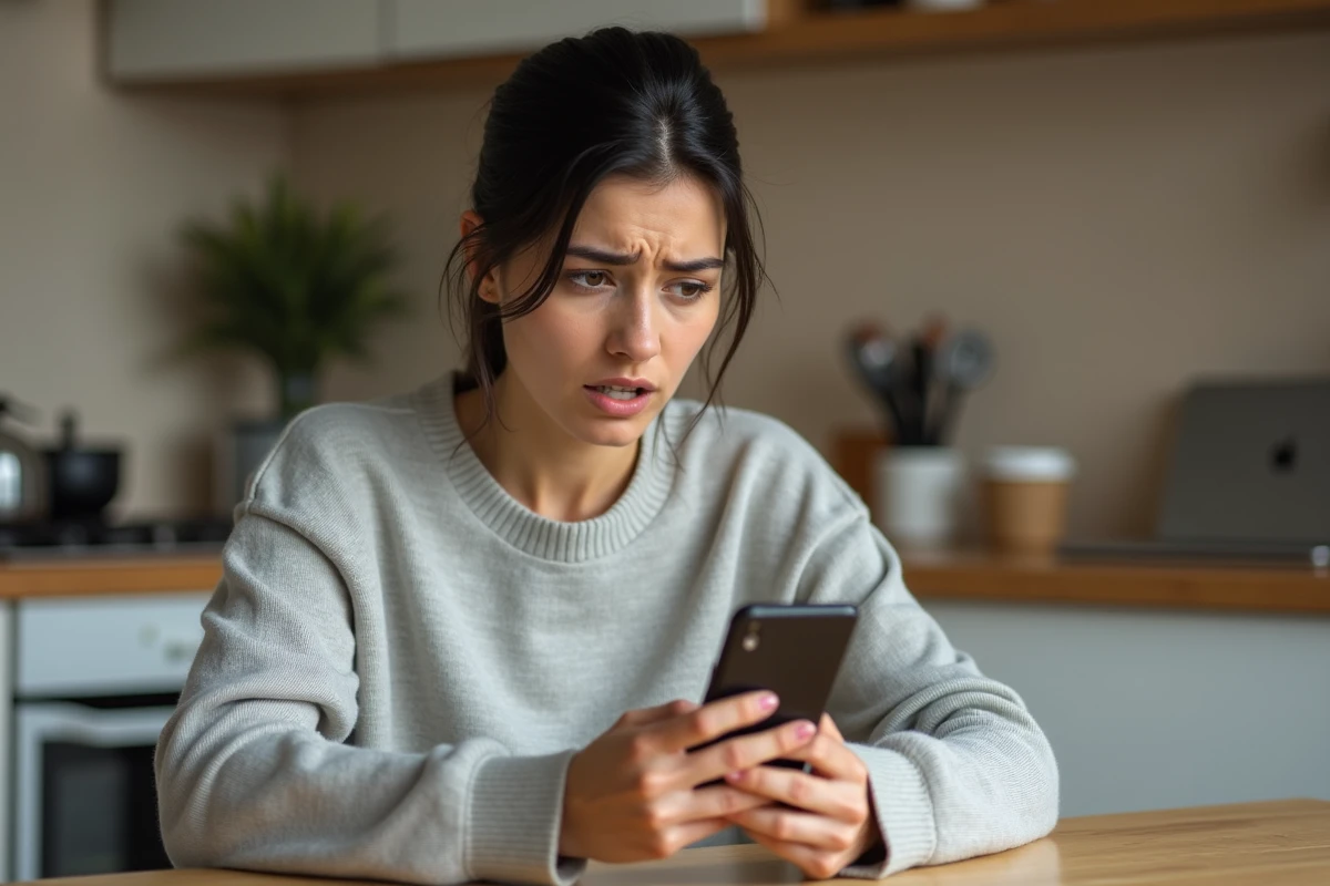 Femme inquiète regardant son iPhone avec des photos supprimées par erreur sur la table de sa cuisine